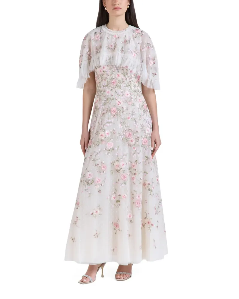 Needle & Thread Gerüschtes Eden Maxikleid mit Blumenstickerei - Weiß Weiß