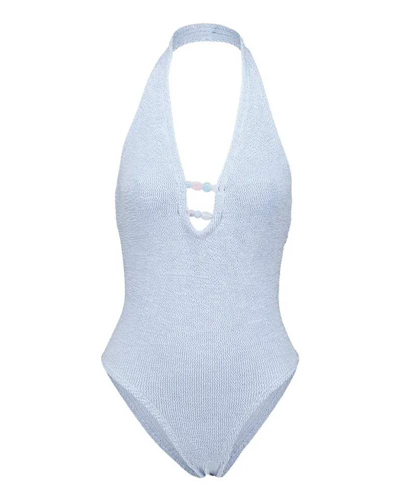 Hunza G Adriana Badeanzug in Knitteroptik mit Perlen - Blau Blau