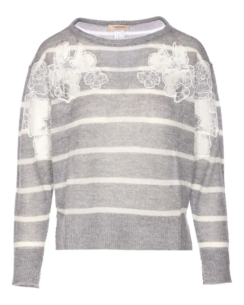 Twin-Set Gestreifter Pullover mit Spitze - Grau Grau