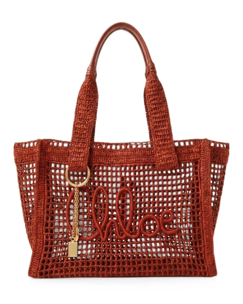 Chloé logo-patch open-knit tote bag - Orange Orange