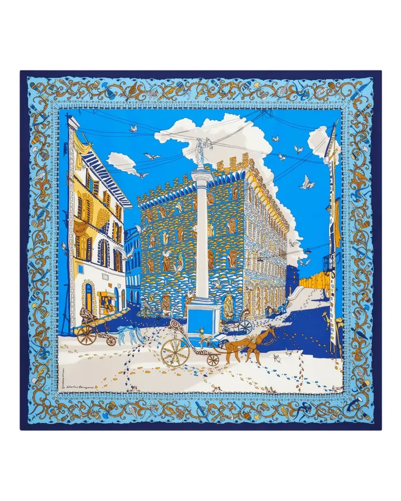 Ferragamo Seidenschal mit Palazzo Spini Feroni-Print - Blau Blau