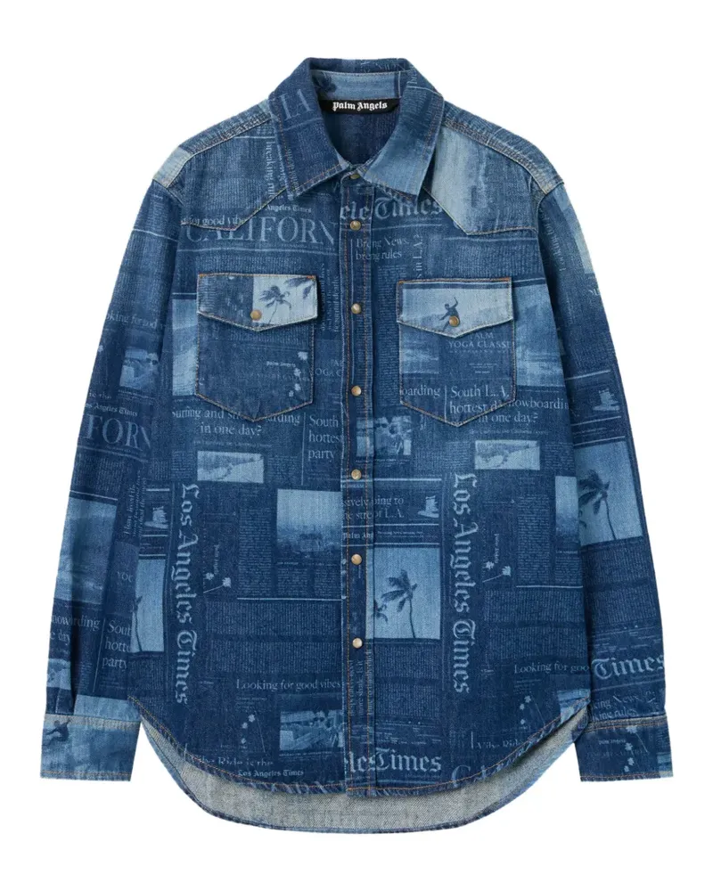 Palm Angels Jeanshemd mit Zeitungs-Print - Blau Blau