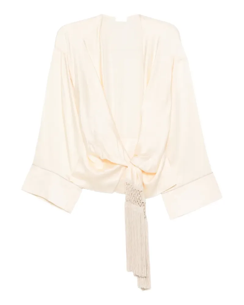 ANDAMANE Bluse mit Fransenbesatz und Bindeband vorne - Nude Nude