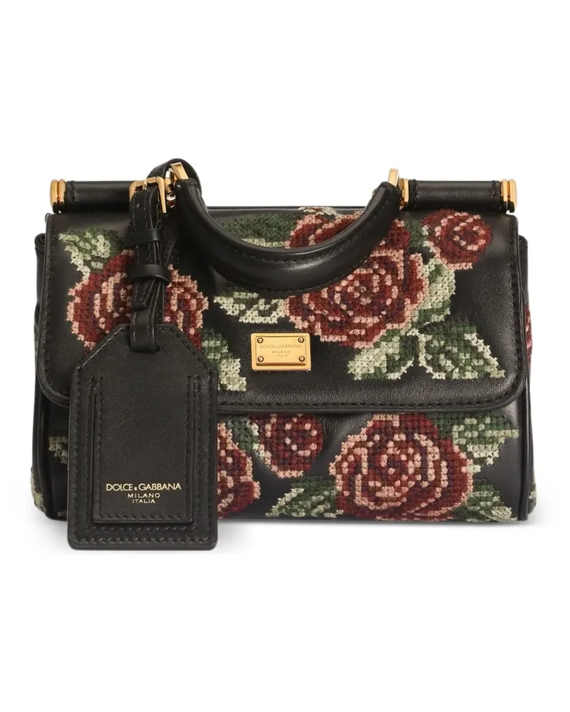 Dolce & Gabbana Mini My Sicily Handtasche aus Leder mit Blumenprint - Schwarz Schwarz
