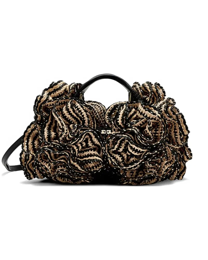 Ganni Gerüschter Mini-Tote Bag aus Stroh - Schwarz Schwarz