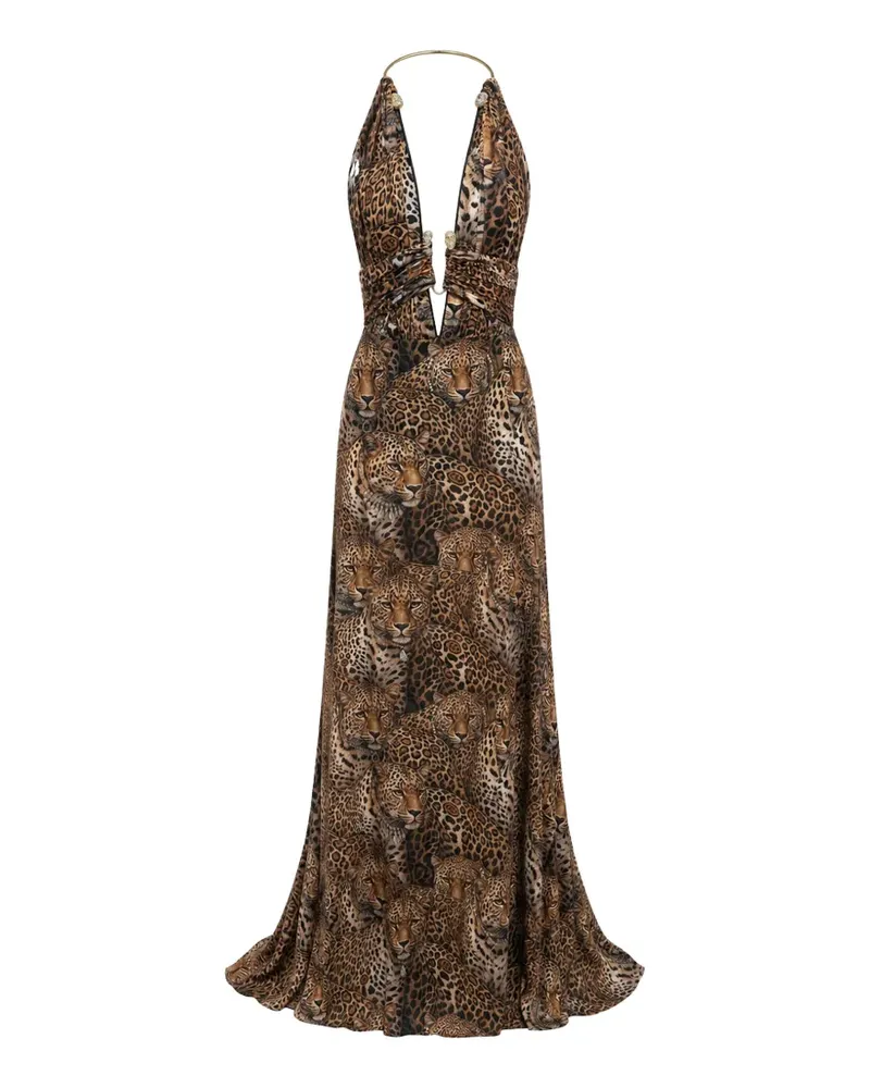 Philipp Plein open-back piercing long dress all-over leopard - Braun Braun