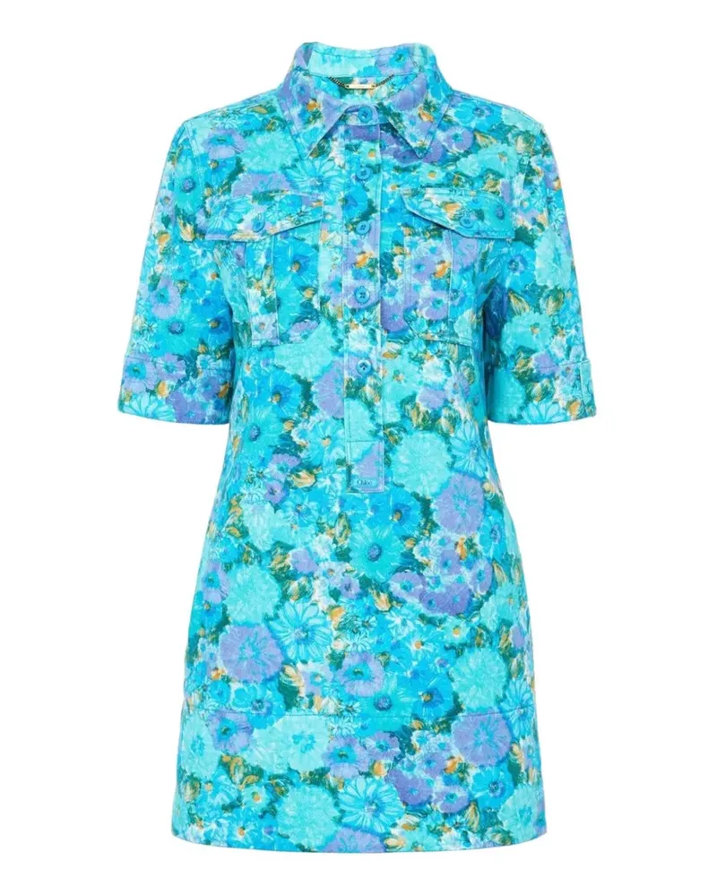 Chloé floral-patch polo-collar mini cotton dress - Blau Blau