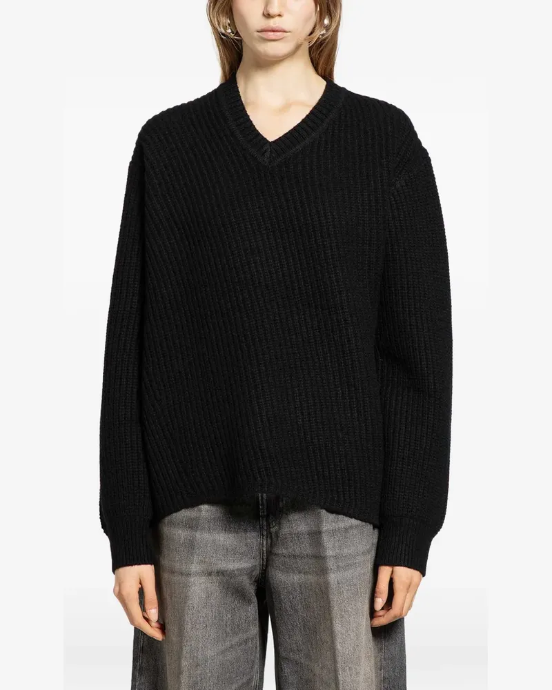 6397 angled-rib V-neck - Schwarz Schwarz