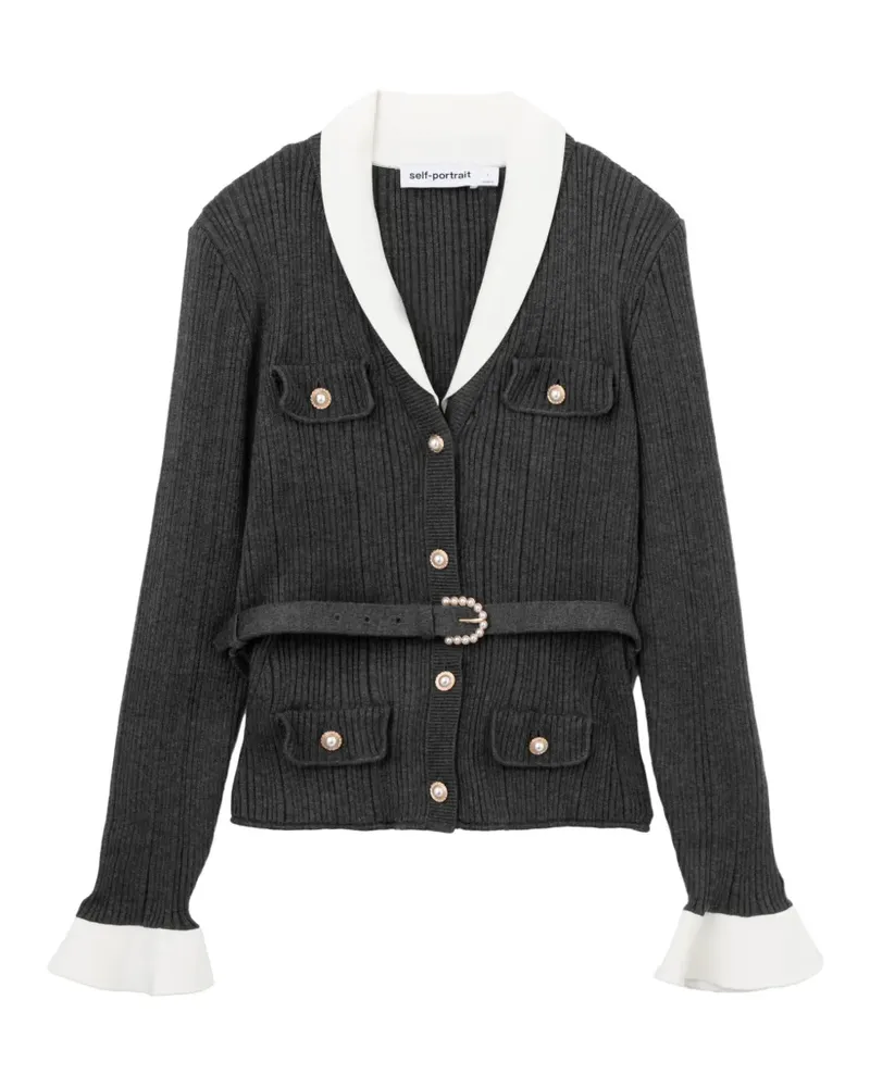 Self-Portrait Gerippter Cardigan mit Gürtel - Grau Grau