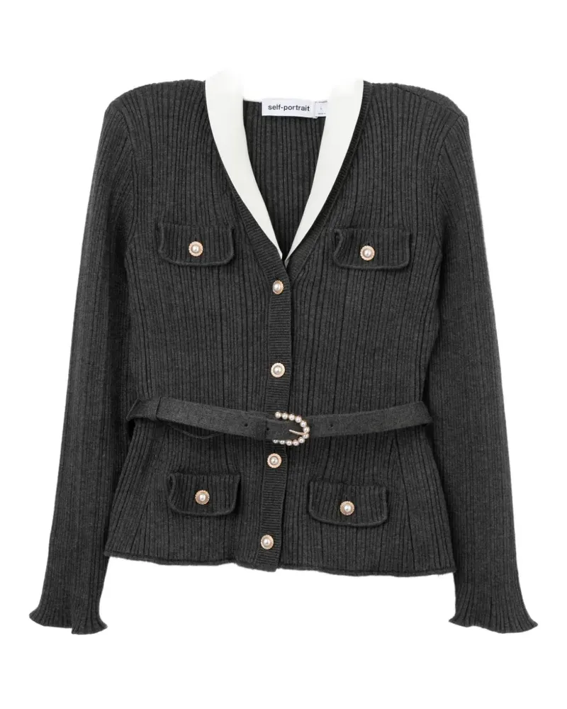Self-Portrait belted ribbed-knit cardigan - Grau Grau