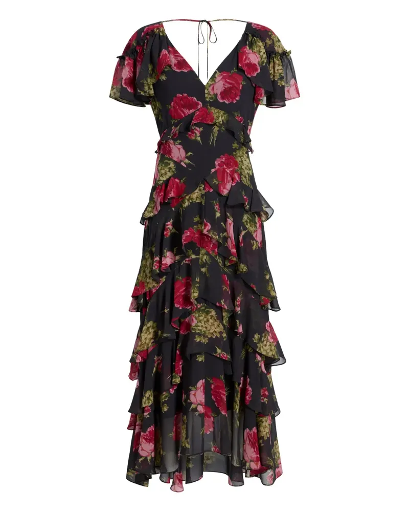 Cinq à Sept Gerüschtes Tatum Midikleid mit Blumenmuster - Schwarz Schwarz