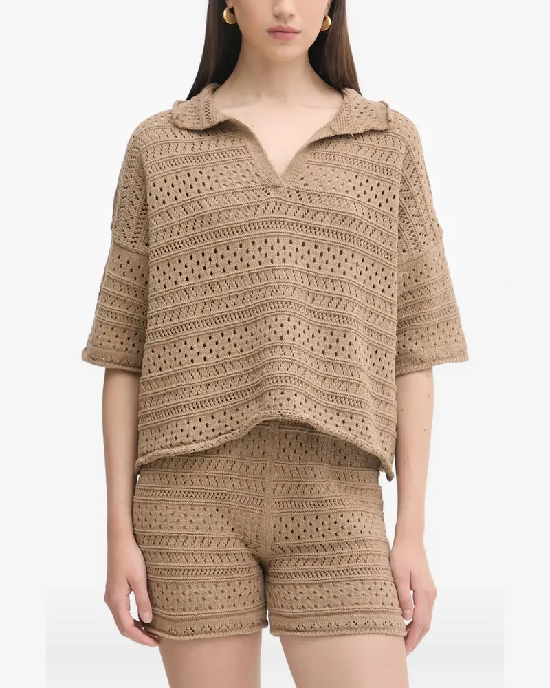 HAVEONE crochet-knit short-sleeve shorts & top set - Nude Nude
