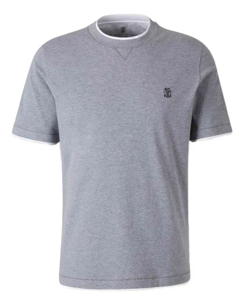 Brunello Cucinelli Geripptes T-Shirt mit Logo-Stickerei - Grau Grau
