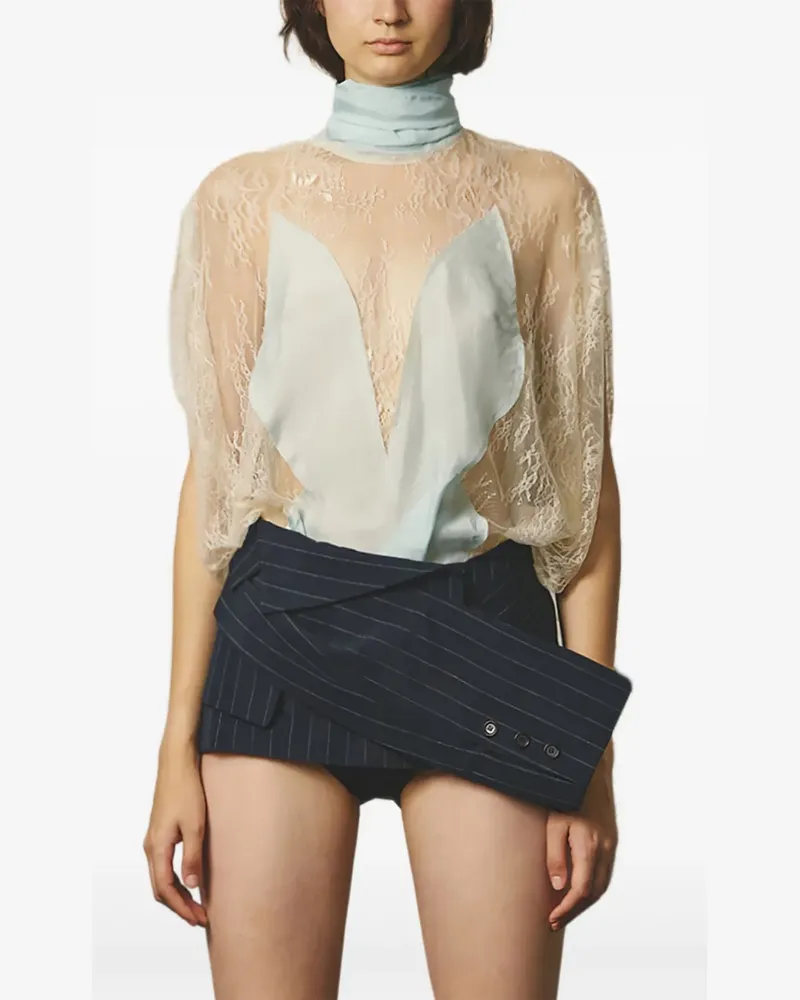 pushBUTTON Spitzenbluse mit Schleifenkragen - Blau Blau