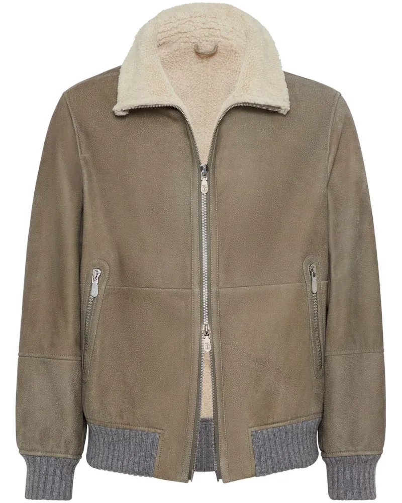 Brunello Cucinelli Lederjacke mit Shearling-Kragen Grün