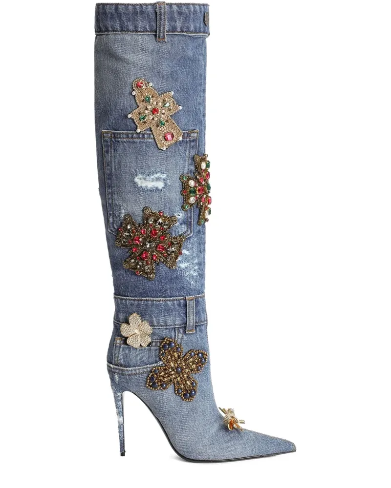 Dolce & Gabbana Bestickte Jeansstiefel im Patchwork-Look 105mm - Blau Blau