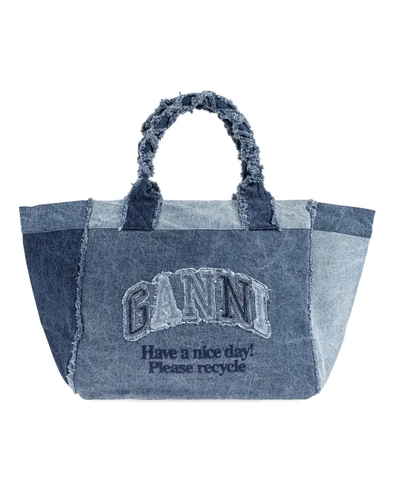 Ganni patchwork frayed-edge tote bag - Blau Blau