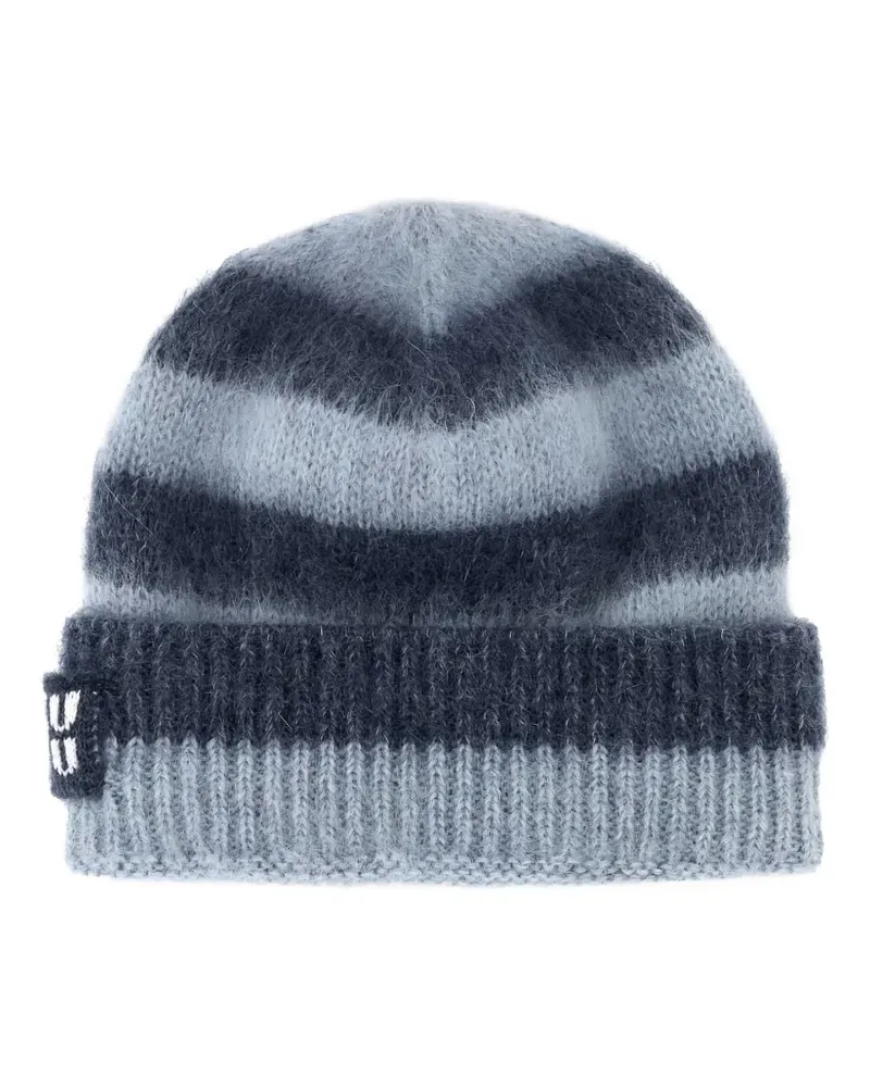 Miu Miu logo-patch striped-pattern beanie hat - Blau Blau
