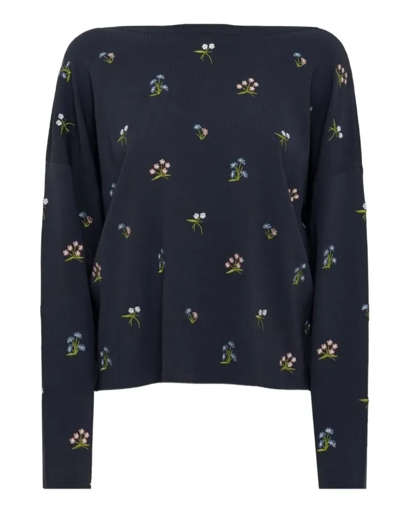 Blumarine floral-embroidered V-neck sweater - Blau Blau
