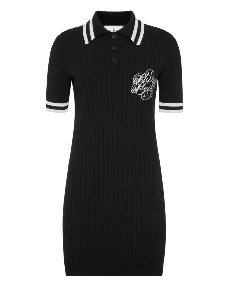 Philipp Plein Geripptes Poloshirtkleid - Schwarz Schwarz