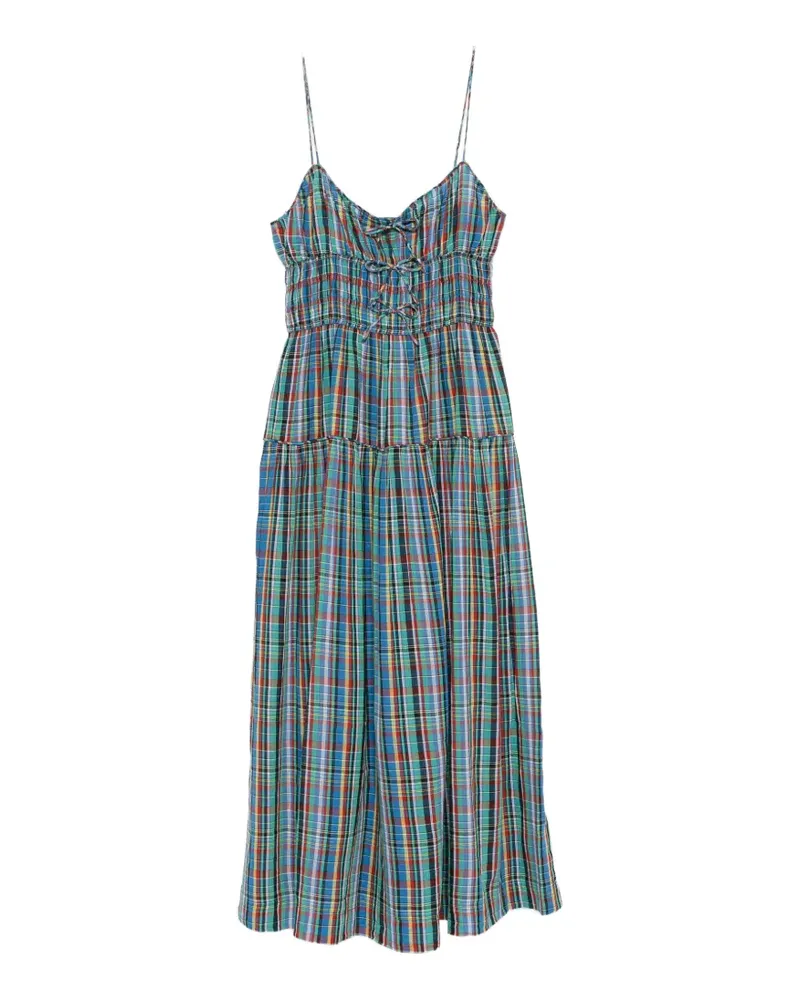 DÔEN Kariertes Brielle Maxikleid mit Raffungen - Blau Blau