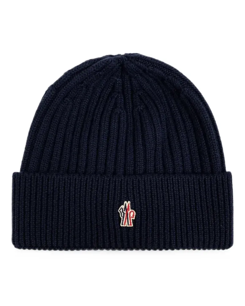 Moncler logo-patch ribbed-knit beanie hat - Blau Blau
