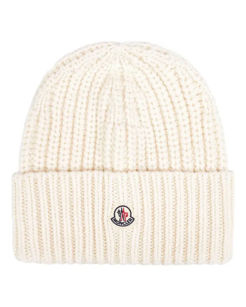 Moncler Gerippte Beanie mit Logo-Patch - Weiß Weiß