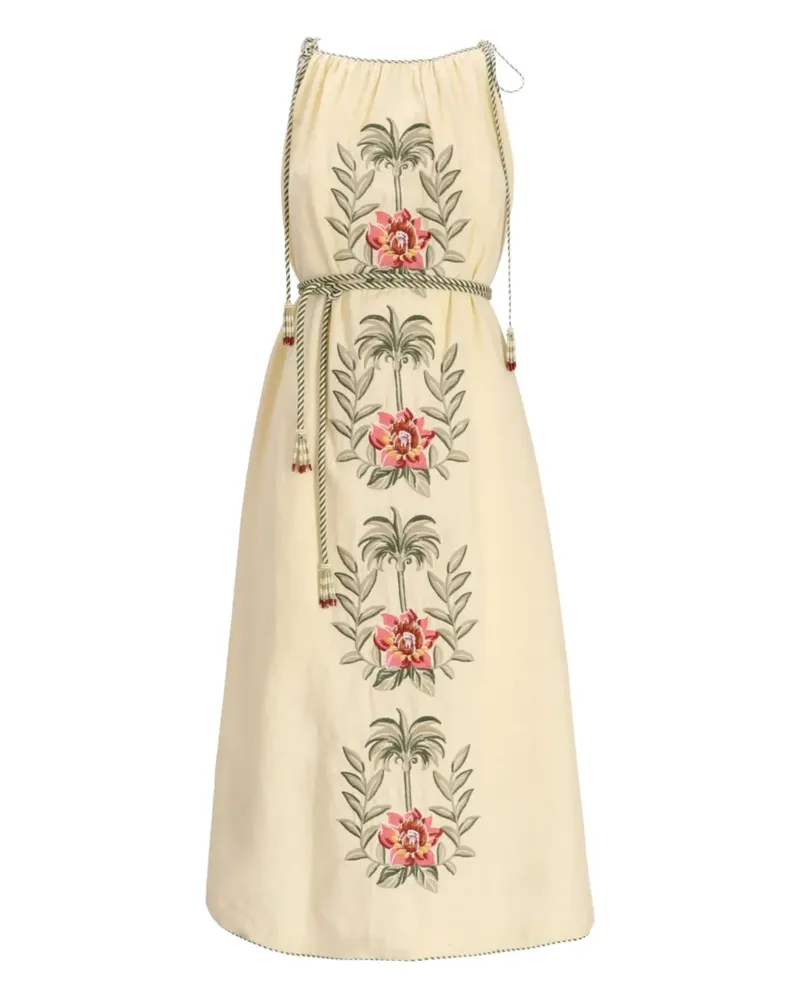 FARM Rio Sand Tropical Flower Midikleid mit Stickerei - Nude Nude