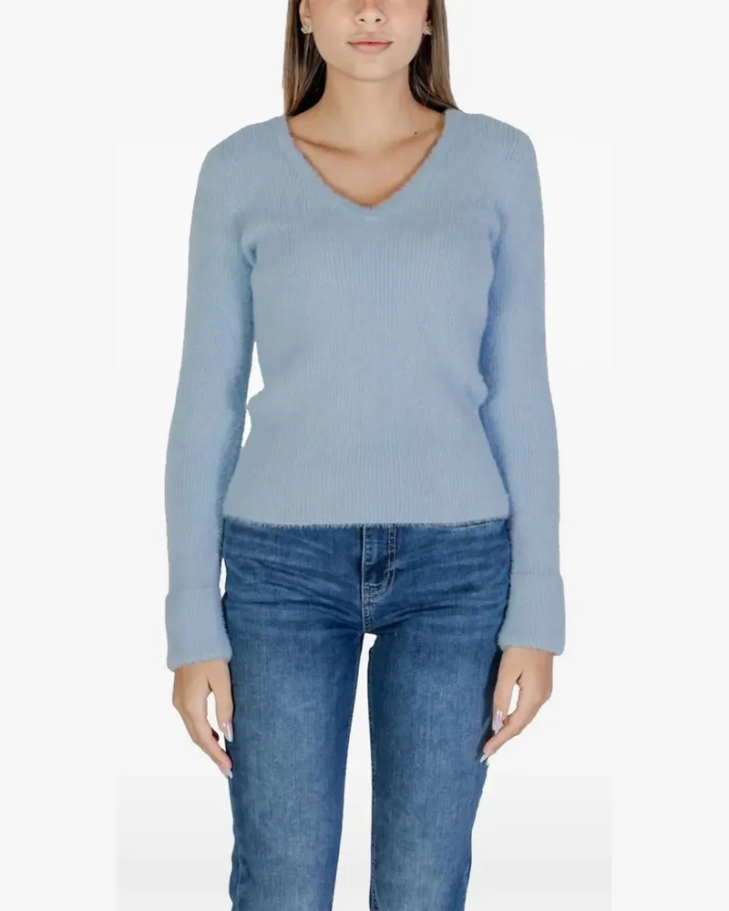 Morgan Gerippter Pullover mit V-Ausschnitt - Blau Blau