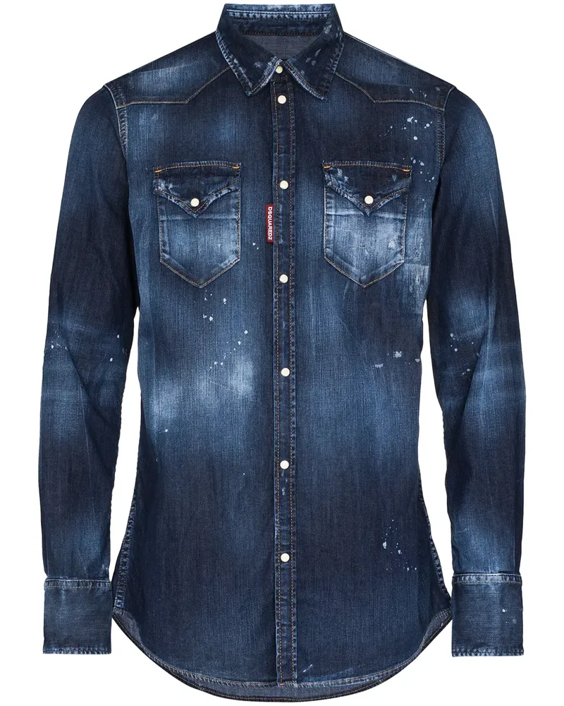 Dsquared2 Ausgeblichenes Jeanshemd mit Farbklecksen - Blau Blau