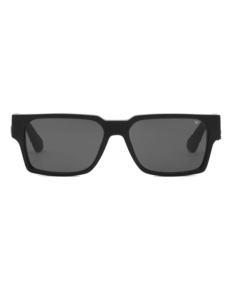 Philipp Plein Eckige Sonnenbrille mit Logo-Schild - Schwarz Schwarz