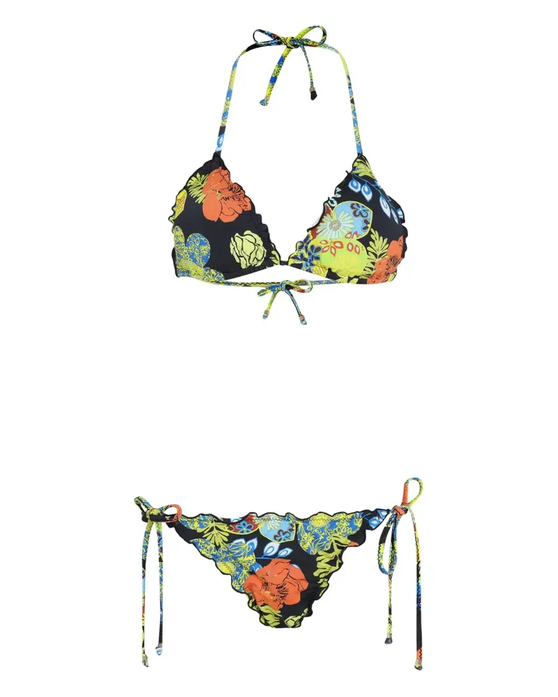 Amir Slama Gerüschter Bikini mit Blumen-Print - Schwarz Schwarz