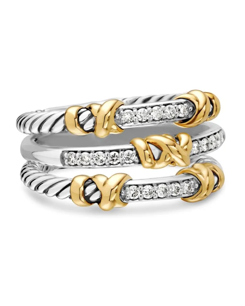 David Yurman 18kt Petite Helena Wrap Three Row Gelbgold- und Sterlingsilberring mit Diamanten 12mm Silber