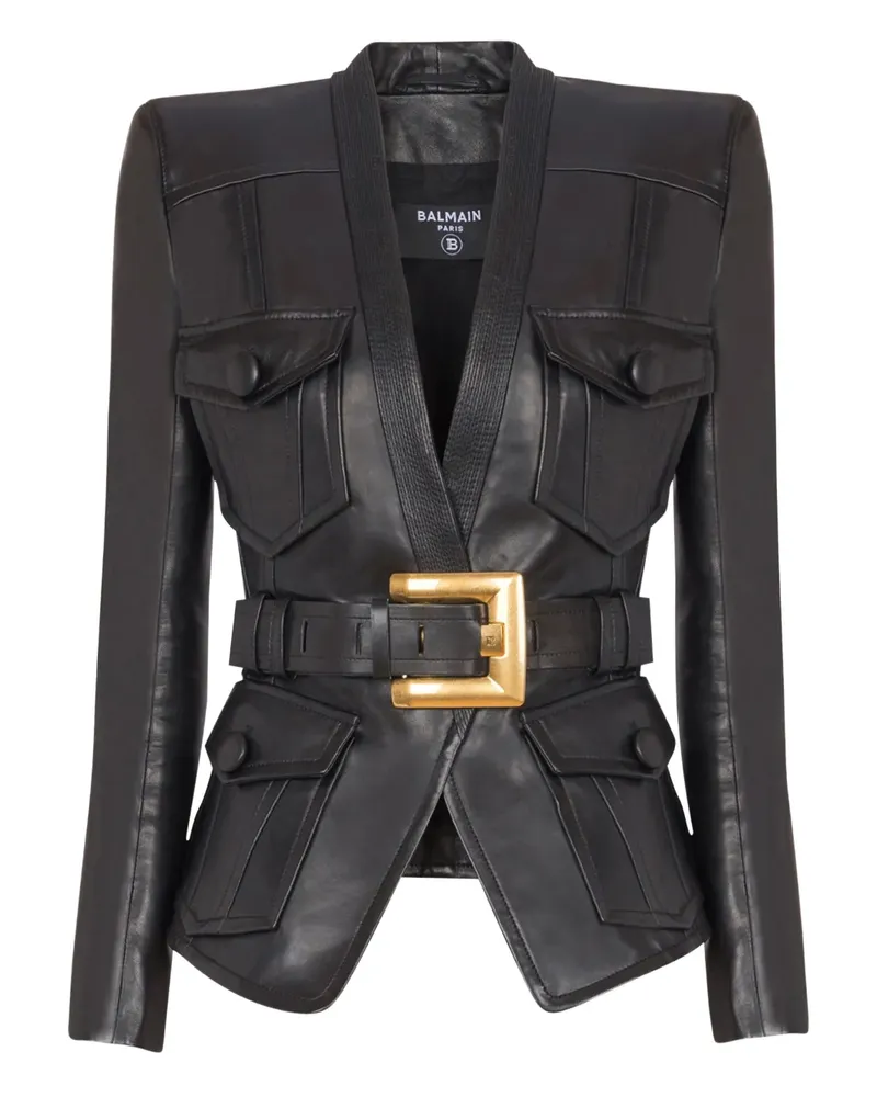 Balmain Lederjacke mit Gürtel - Schwarz Schwarz