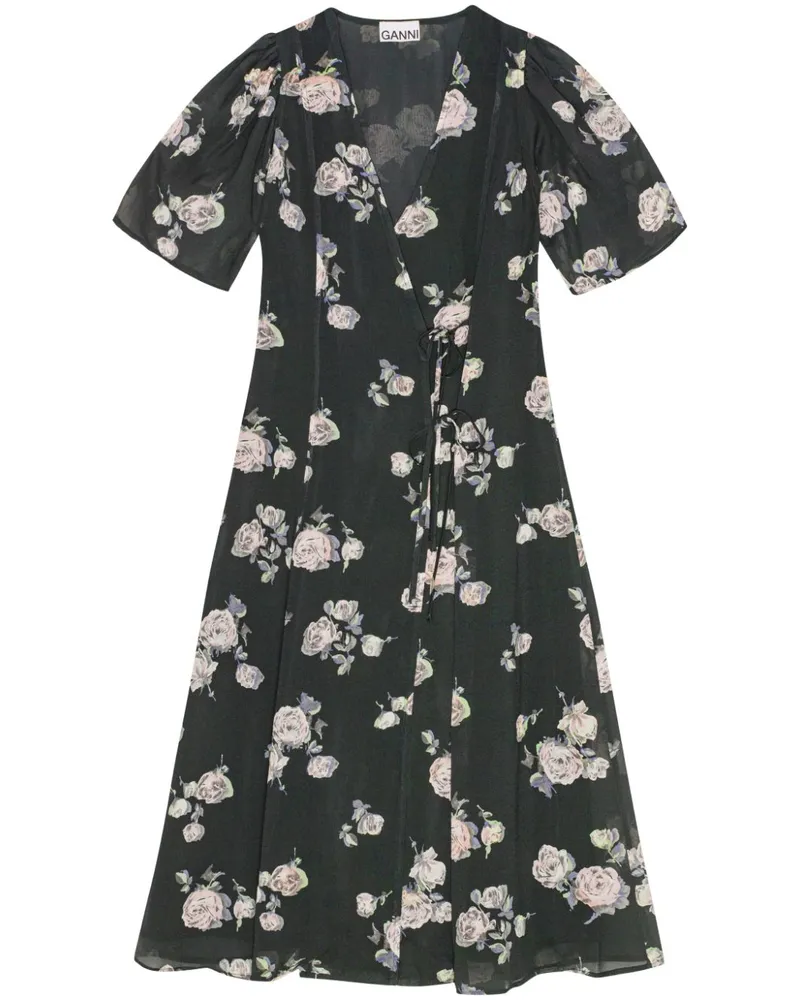 Ganni Midikleid mit Blumen-Print - Schwarz Schwarz