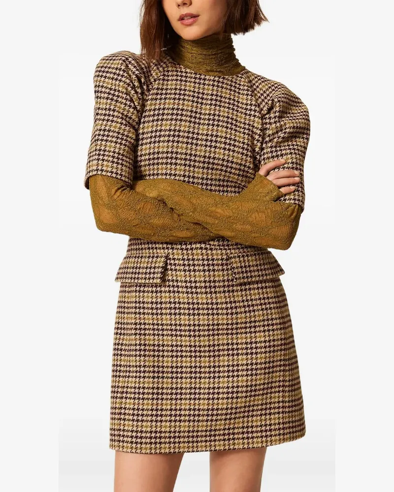 Twin-Set Kurzes Jacquard-Kleid mit Hahnentrittmuster - Braun Braun