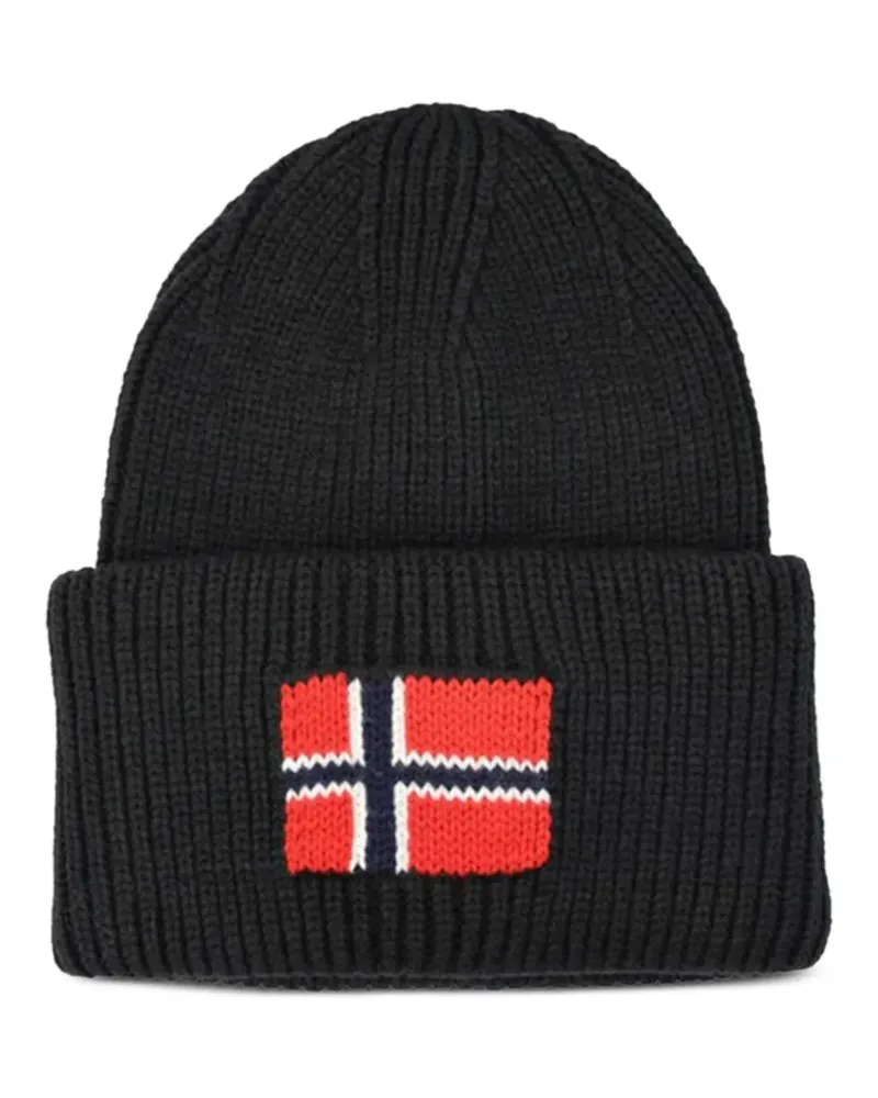 Napapijri Gerippte Beanie mit Flaggendetail - Schwarz Schwarz