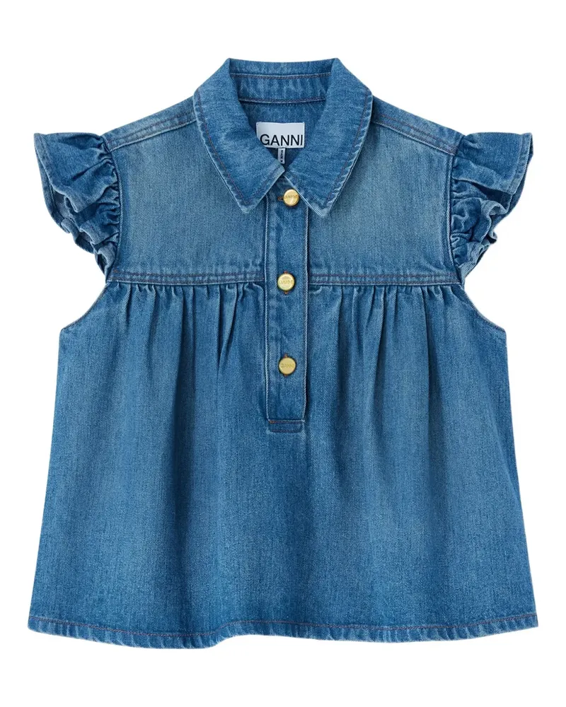 Ganni Geknöpftes Oberteil mit Rüschen - Blau Blau