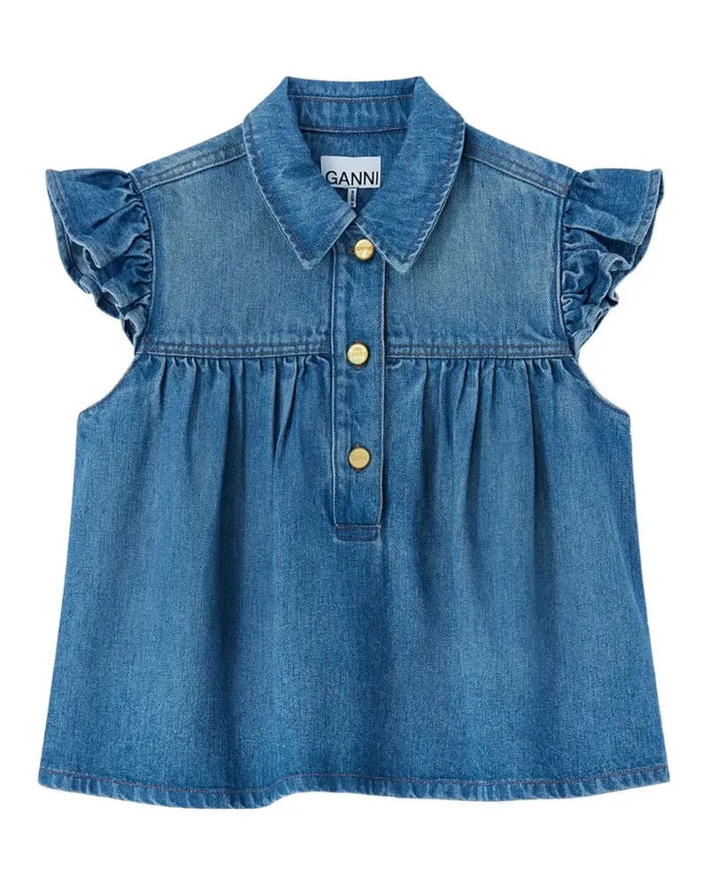 Ganni Jeanstop mit Rüschenärmeln - Blau Blau