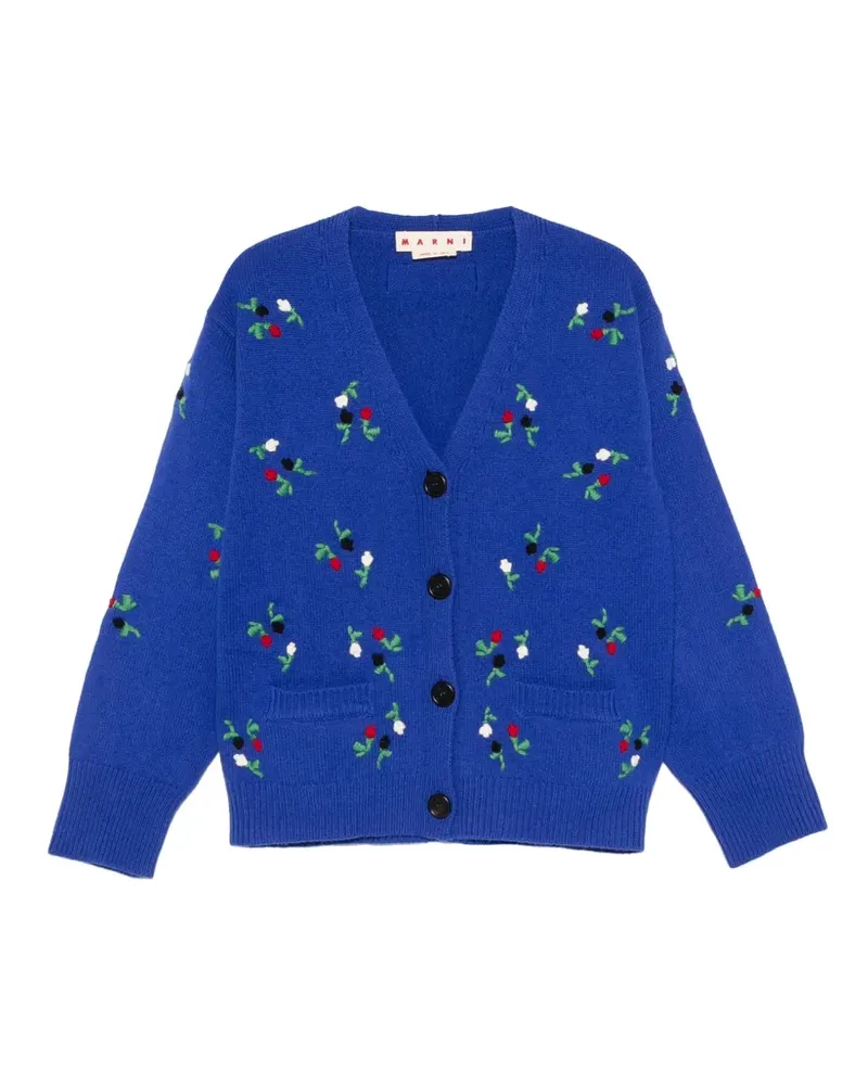 Marni Ballonärmel-Strickjacke mit Blumenstickerei - Blau Blau