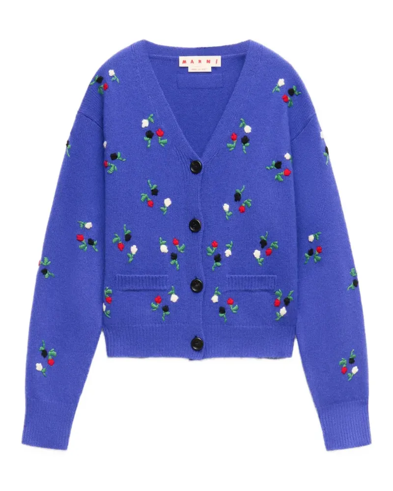 Marni flower-embroidered balloon-sleeve cardigan - Blau Blau