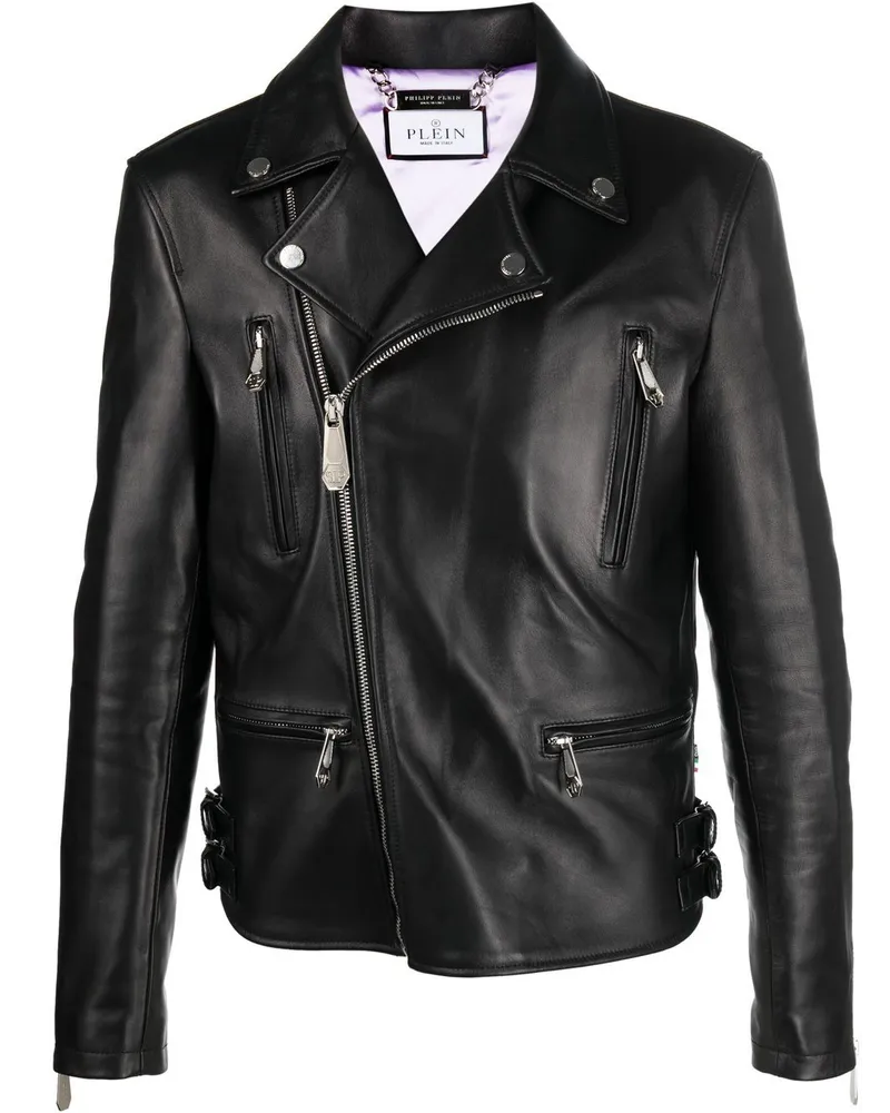 Philipp Plein Lederjacke mit Logo-Schild - Schwarz Schwarz