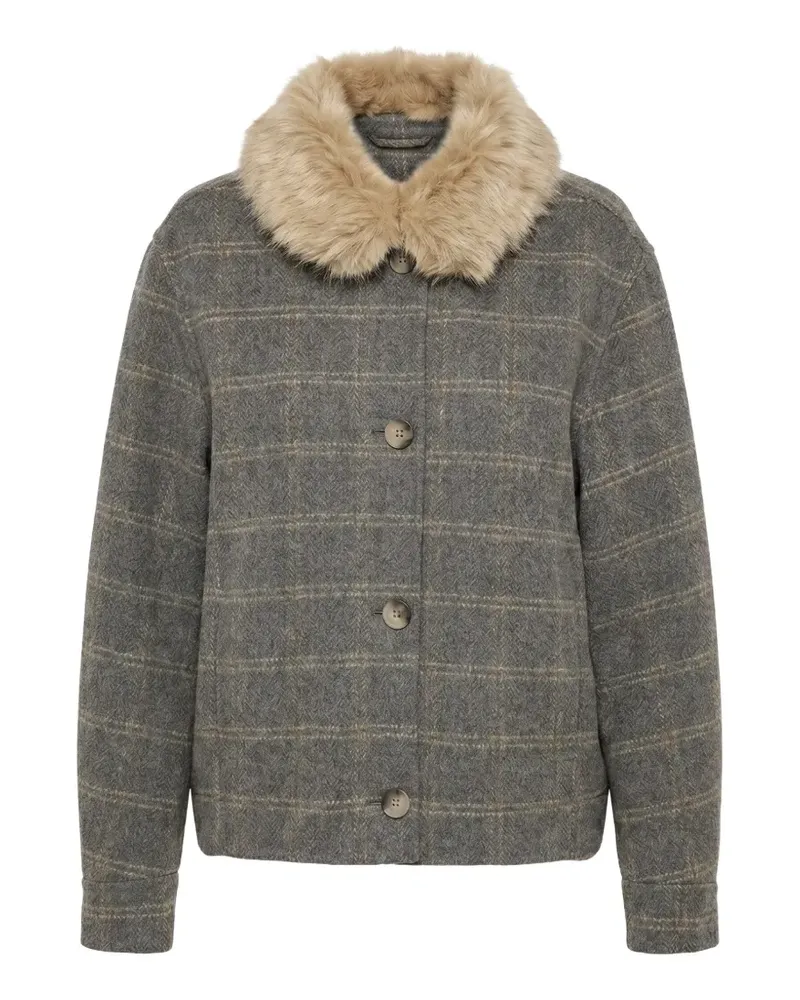 Twin-Set double check wool caban coat with faux fur - Grau Grau