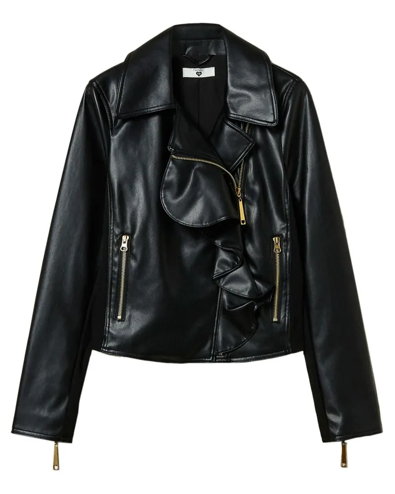 Twin-Set Gerüschte Bikerjacke aus Faux-Leder - Schwarz Schwarz