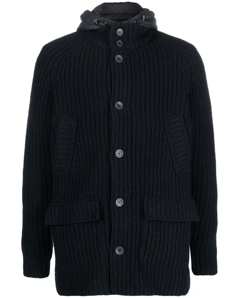 Herno Gerippter Strickmantel mit Kapuze - Blau Blau