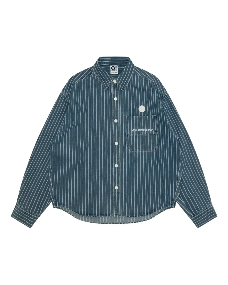BAPE Gestreiftes APENOW Hemd mit Moonface-Logo - Blau Blau