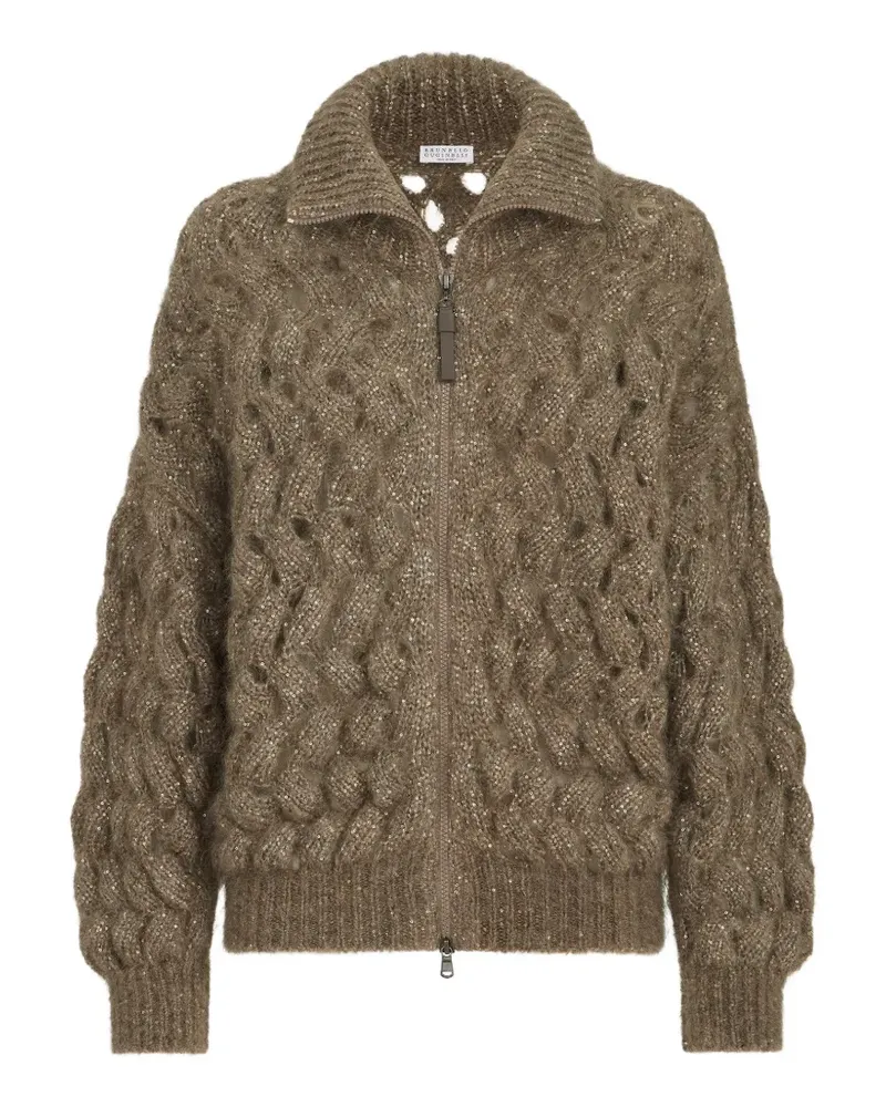 Brunello Cucinelli Strickjacke aus Mohair und Wolle mit funkelndem Zickzack-Zopfmuster - Braun Braun