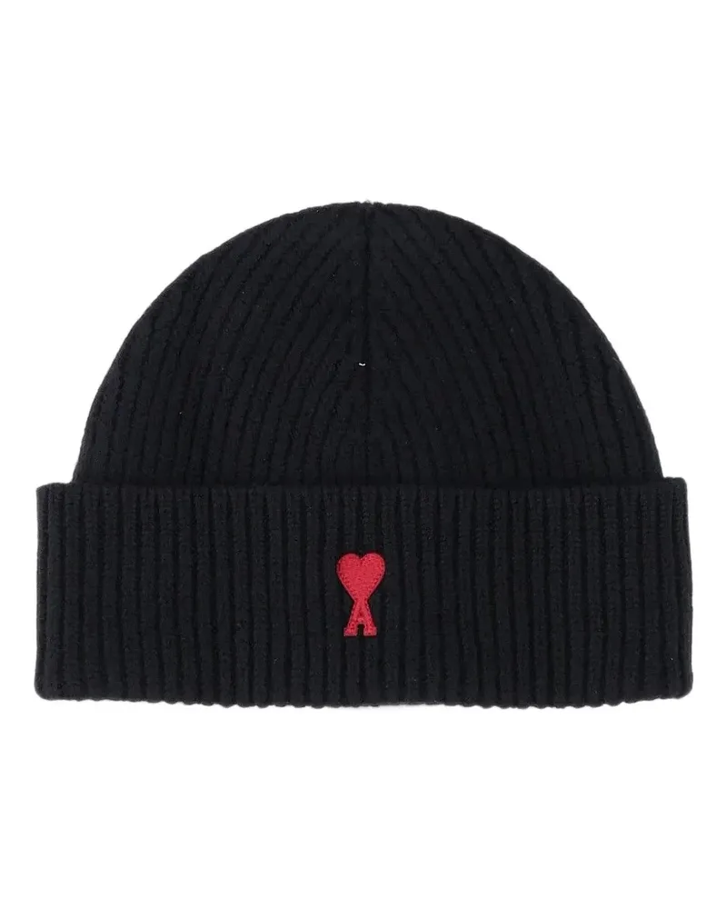 AMI Paris black wool beanie with Ami De Coeur - Schwarz Schwarz