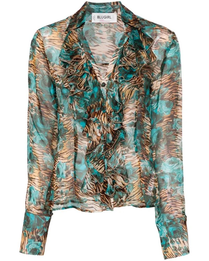 Blumarine Hemd mit floralem und Tiger-Print Blau