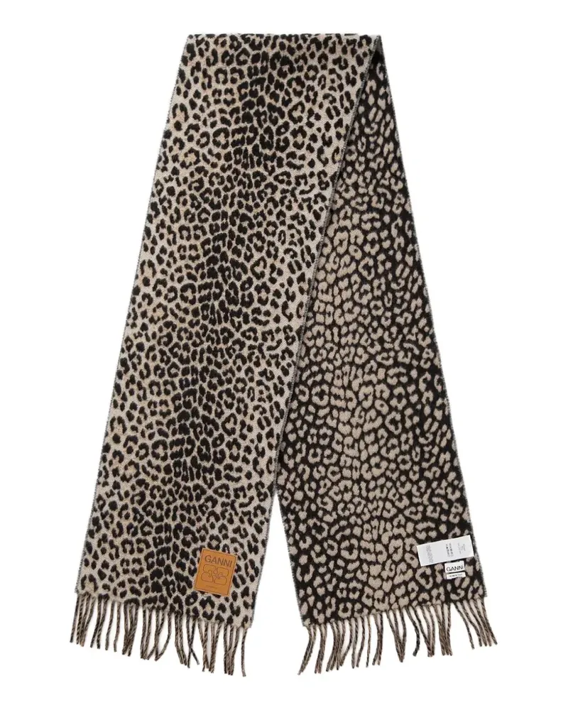 Ganni leopard-print fringed scarf - Nude Nude